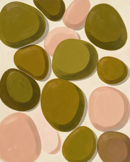 Hand-painted abstract rounded pebble forms in olive, mustard, and blush on a pale neutral background