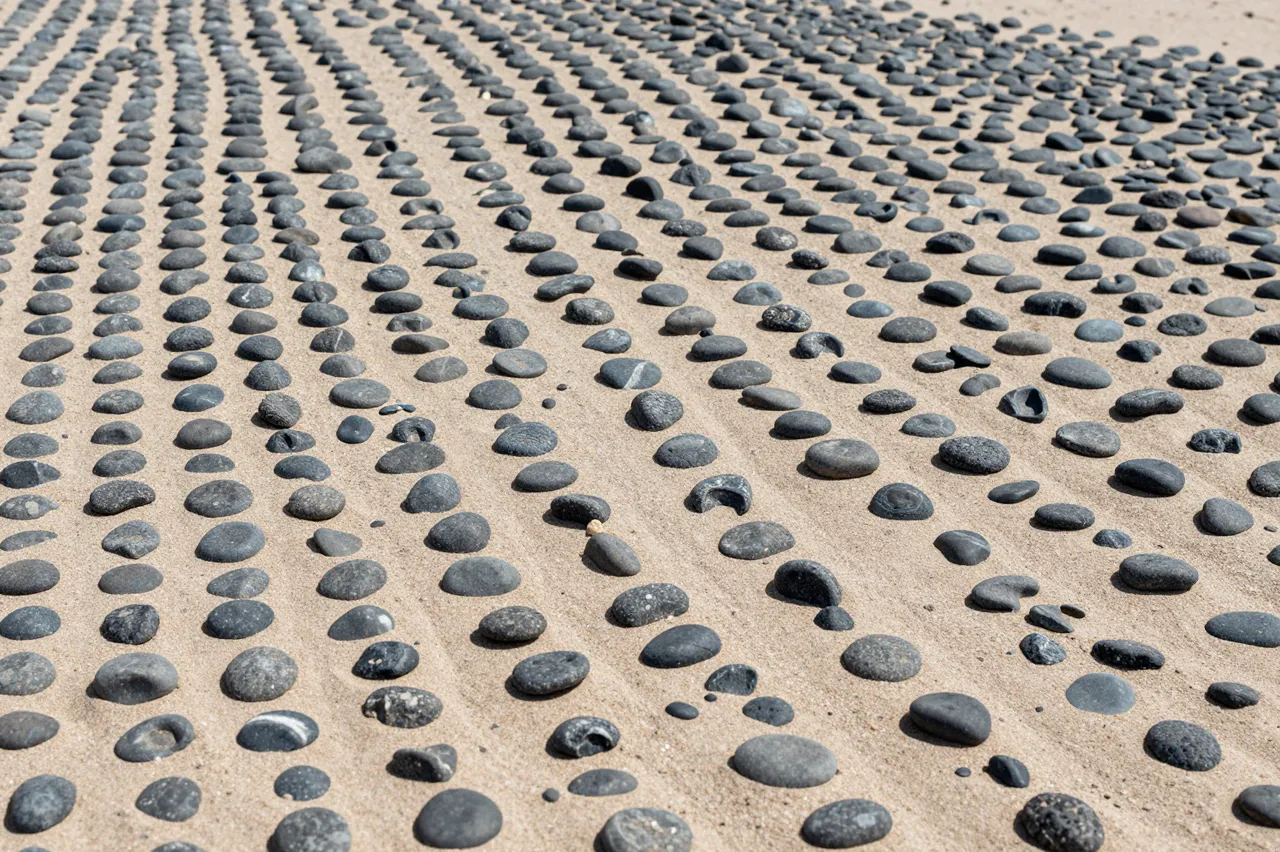 Top view of smooth dark pebbles scattered in parallel rows across pale beige sand