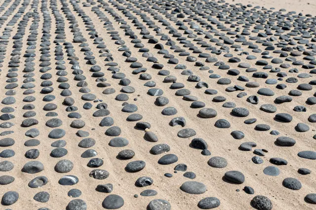 Top view of smooth dark pebbles scattered in parallel rows across pale beige sand