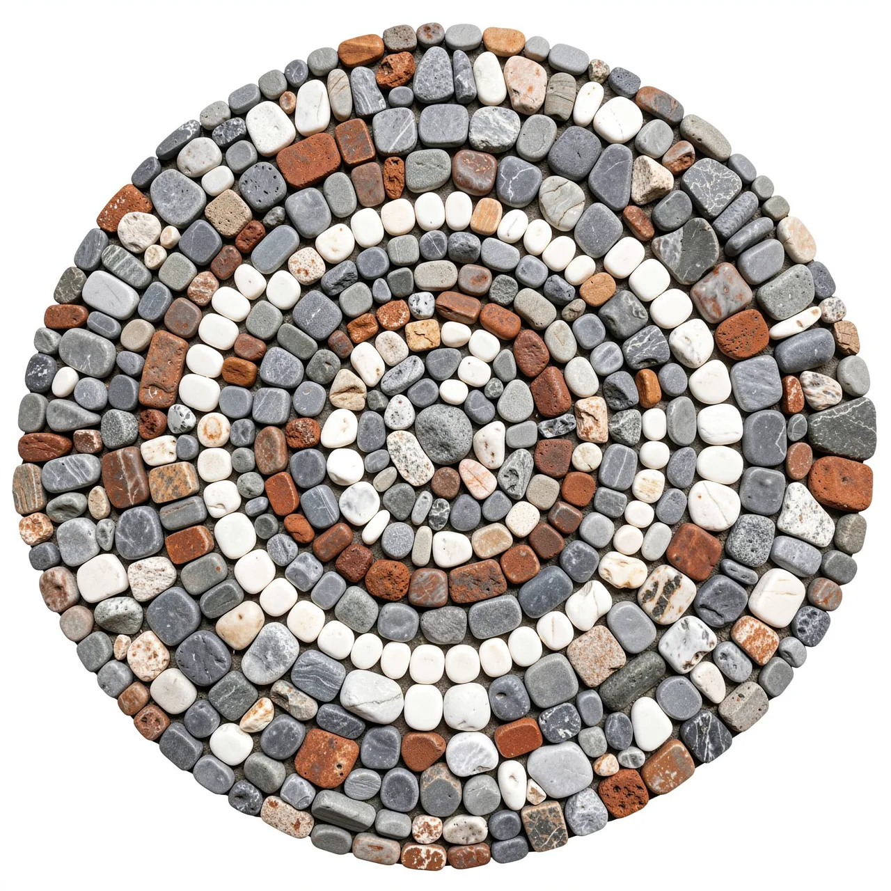 A circular spiral mosaic made of gray, white, and rust toned smooth pebbles set against a plain white background