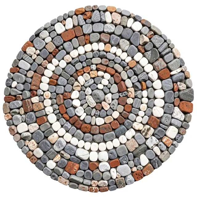 A circular spiral mosaic made of gray, white, and rust toned smooth pebbles set against a plain white background