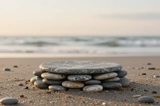 A stacked flat pebble podium rests on wet beach sand with a blurred ocean sunset background and empty copy space above.