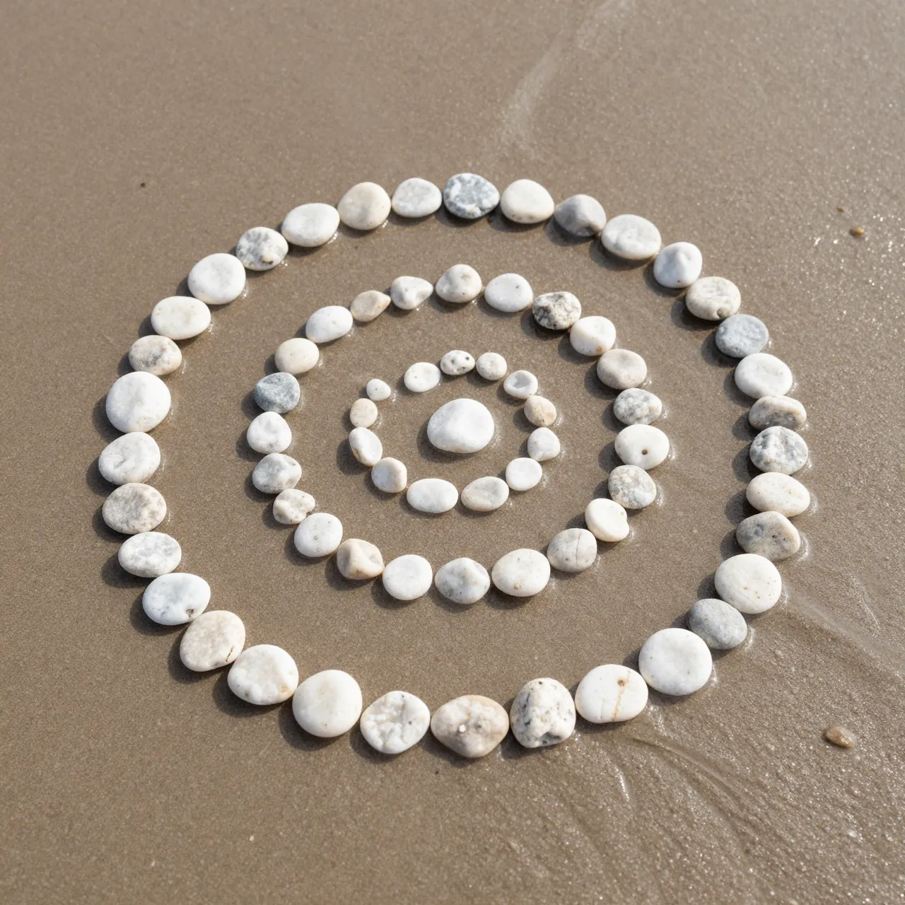 Concentric circles of smooth white pebbles arranged neatly on damp low-tide beach sand