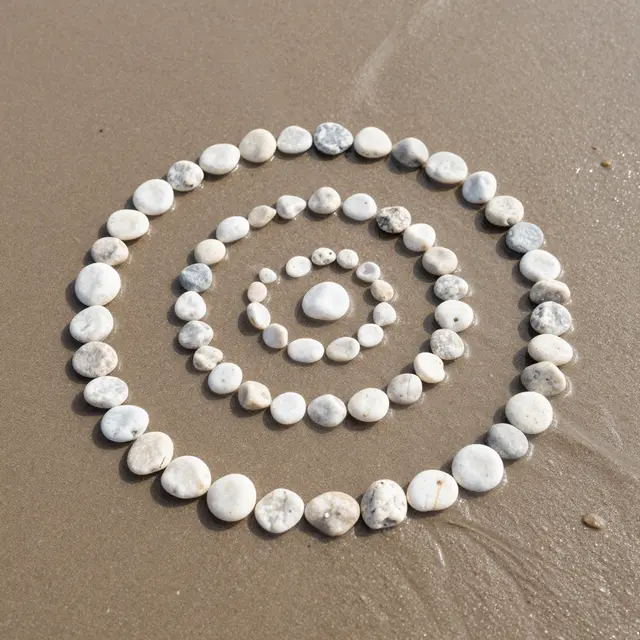 Concentric circles of smooth white pebbles arranged neatly on damp low-tide beach sand