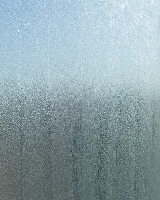 Close-up of pebbled privacy glass with condensation and soft cool blue daylight behind the surface
