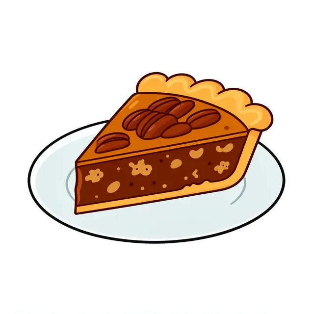 Flat cartoon illustration of a slice of pecan pie resting on a small round plate against a white background