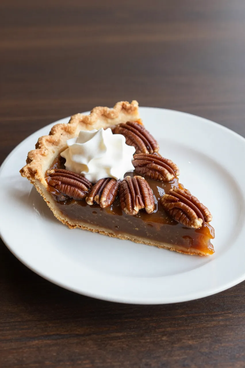 A slice of pecan pie with glossy caramel filling and whipped cream sits on a white plate atop a dark wood table.
