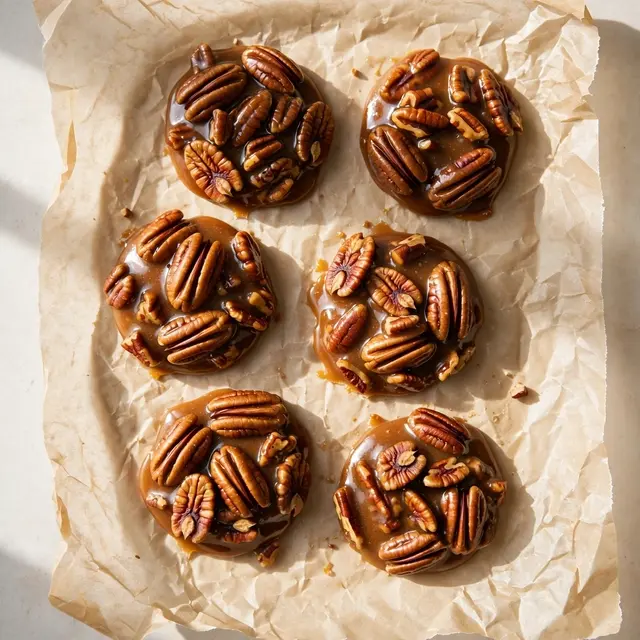 Overhead view of six glossy pecan praline candies resting on crumpled parchment paper