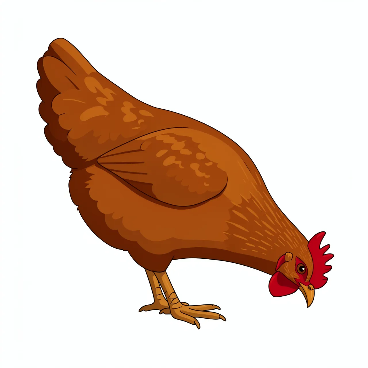 Flat side view clipart of a rust-brown hen with a red comb pecking, isolated on a plain white background.