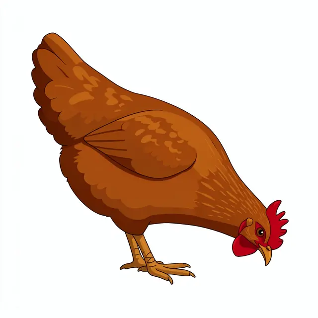 Flat side view clipart of a rust-brown hen with a red comb pecking, isolated on a plain white background.