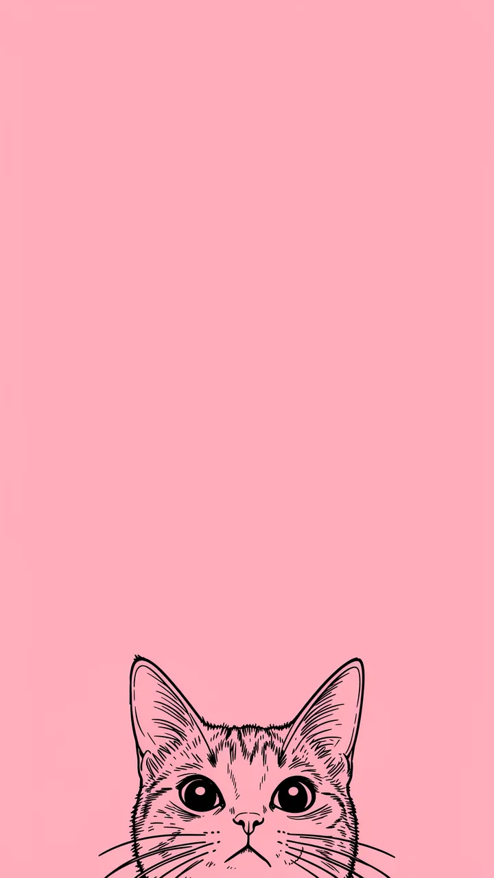Black line art of a cat peeking up from the bottom edge on a solid pink background