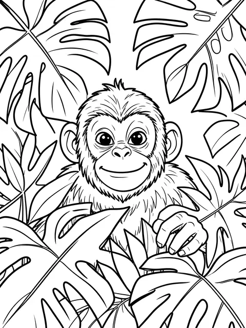 Cheerful cartoon monkey peeks out from between detailed jungle leaves in black and white line art