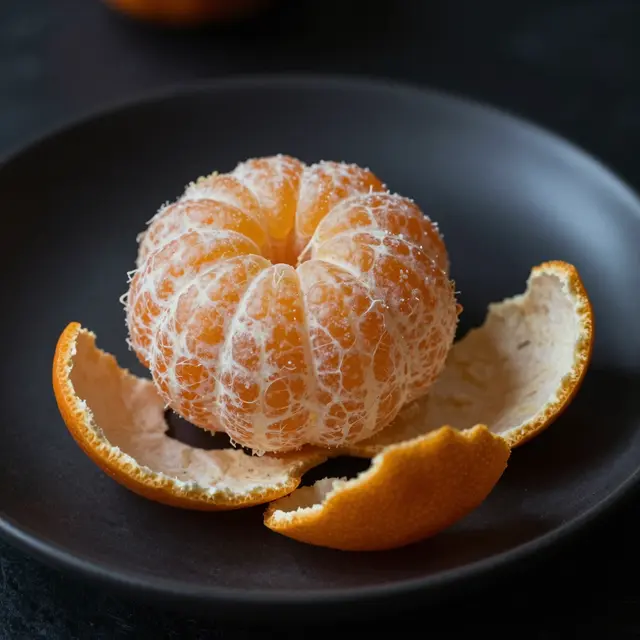 A peeled clementine surrounded by its curled peel rests on a matte black plate in moody low light.