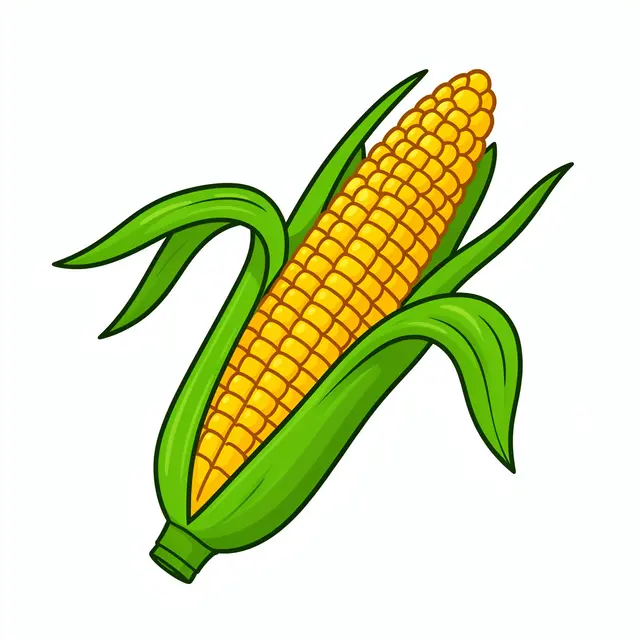 Flat cartoon illustration of an ear of corn with peeled back green husk isolated on a white background