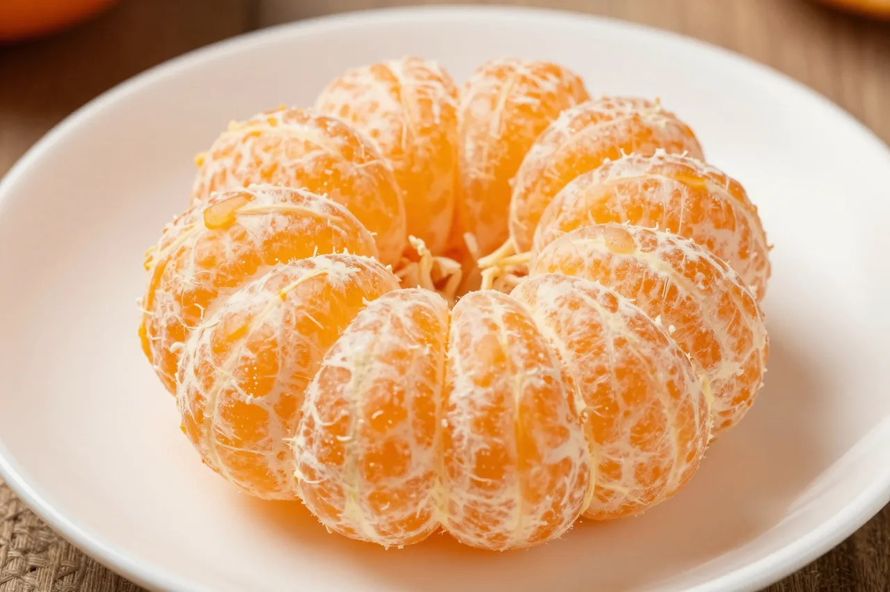 A fully peeled segmented orange arranged in a flower shape rests on a white plate over a wooden table