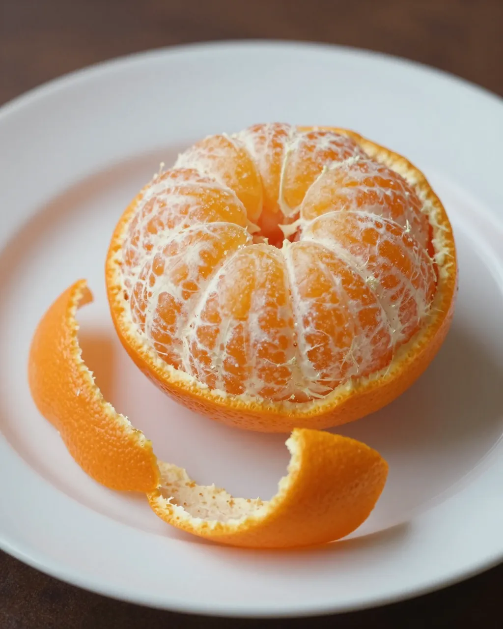 Partially peeled citrus fruit rests on a white plate with curled peel segments under soft light