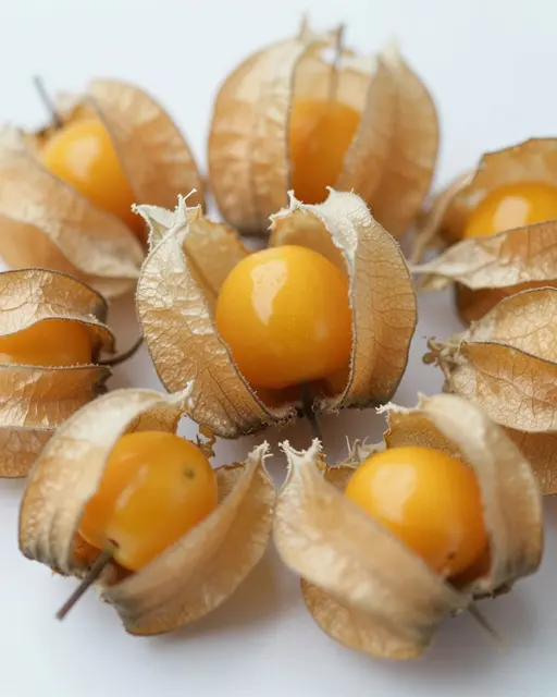 Close up of golden physalis berries with papery husks peeled back, arranged on a pale white surface