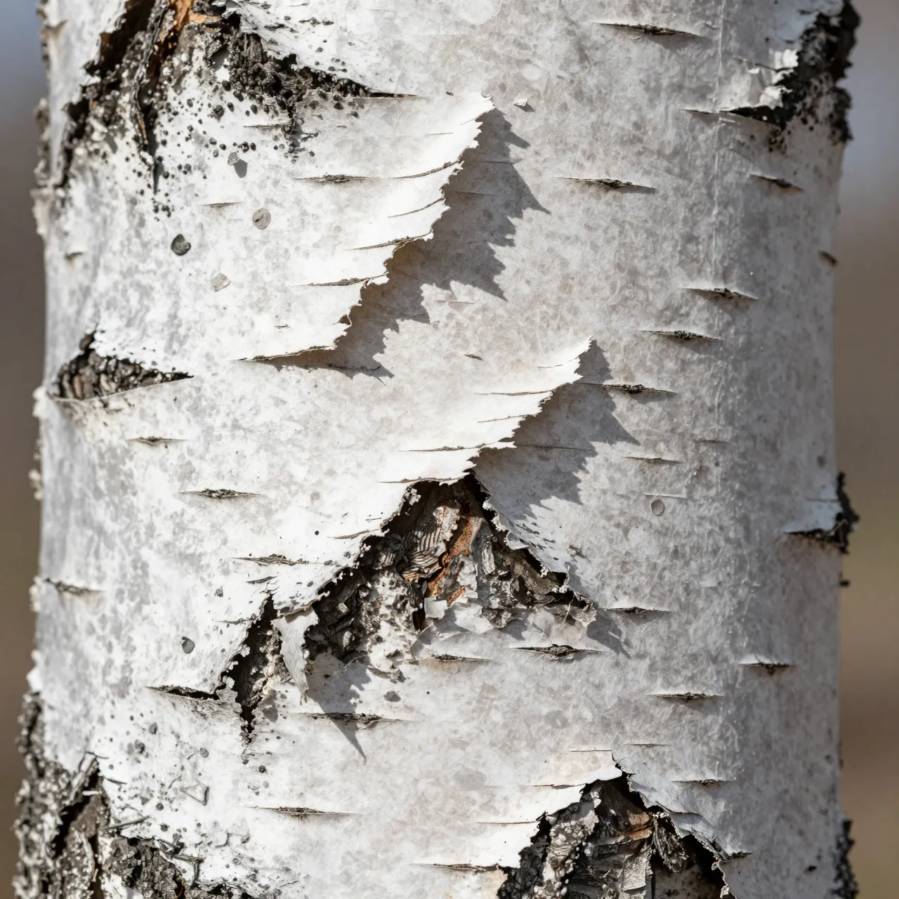 Close-up view of papery peeling white birch bark with lifted curled flakes on a tree trunk