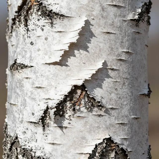Close-up view of papery peeling white birch bark with lifted curled flakes on a tree trunk