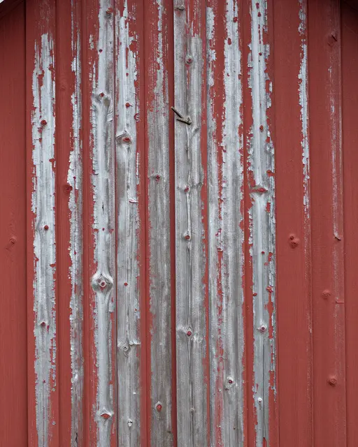 Close-up full frame of weathered vertical barn planks with peeling chipped red paint over silvery wood