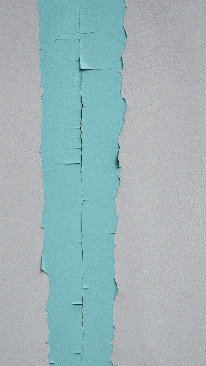 Close-up of a wall with flaking cracked teal paint over smooth gray plaster surface