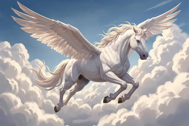 A winged white pegasus soars with outstretched wings above fluffy clouds under a blue sky