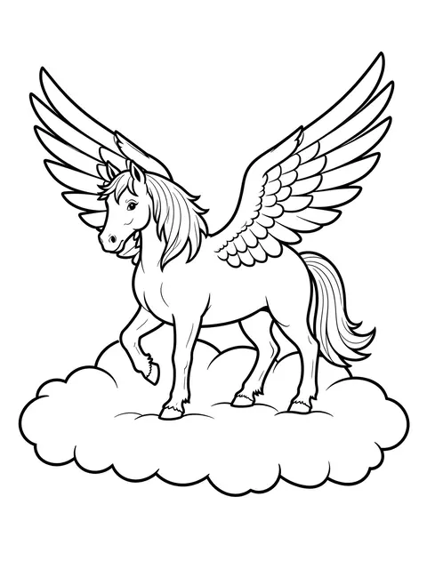 Black and white bold line art of a winged pegasus standing on a fluffy cloud against a plain white background