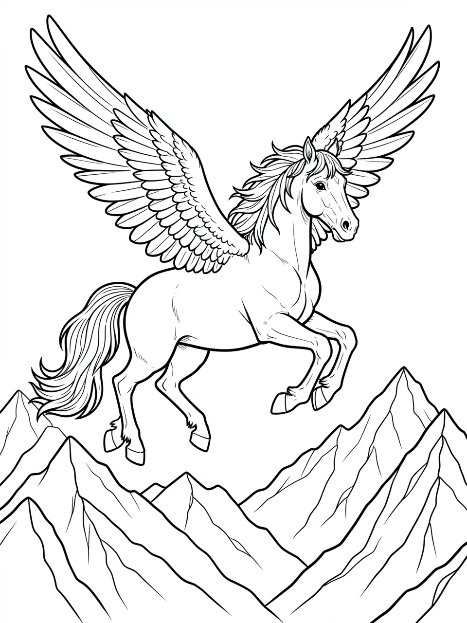 Black and white line art of a winged pegasus soaring above jagged mountain peaks