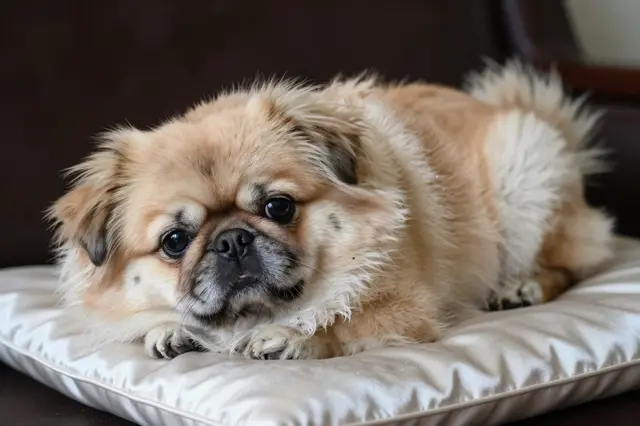 A fluffy light brown Pekingese dog lies calmly on a pale satin cushion looking at the camera.
