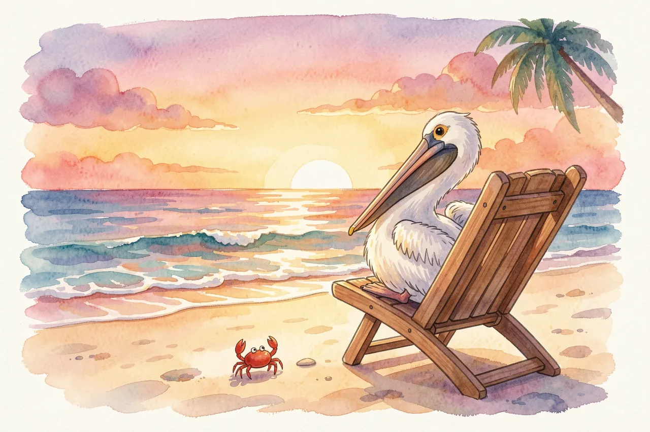 A white pelican sits in a wooden beach chair beside a small red crab watching a pastel ocean sunset from a sandy shore.