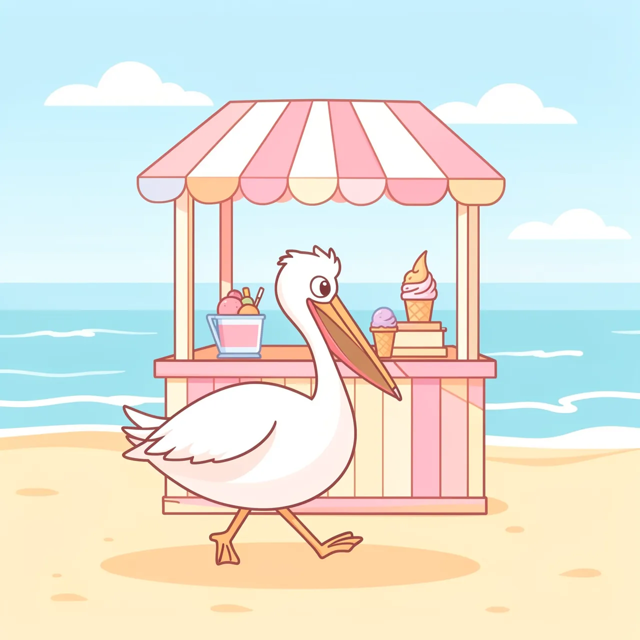 Cute cartoon pelican walks in front of a pastel seaside ice cream stand on a sandy beach