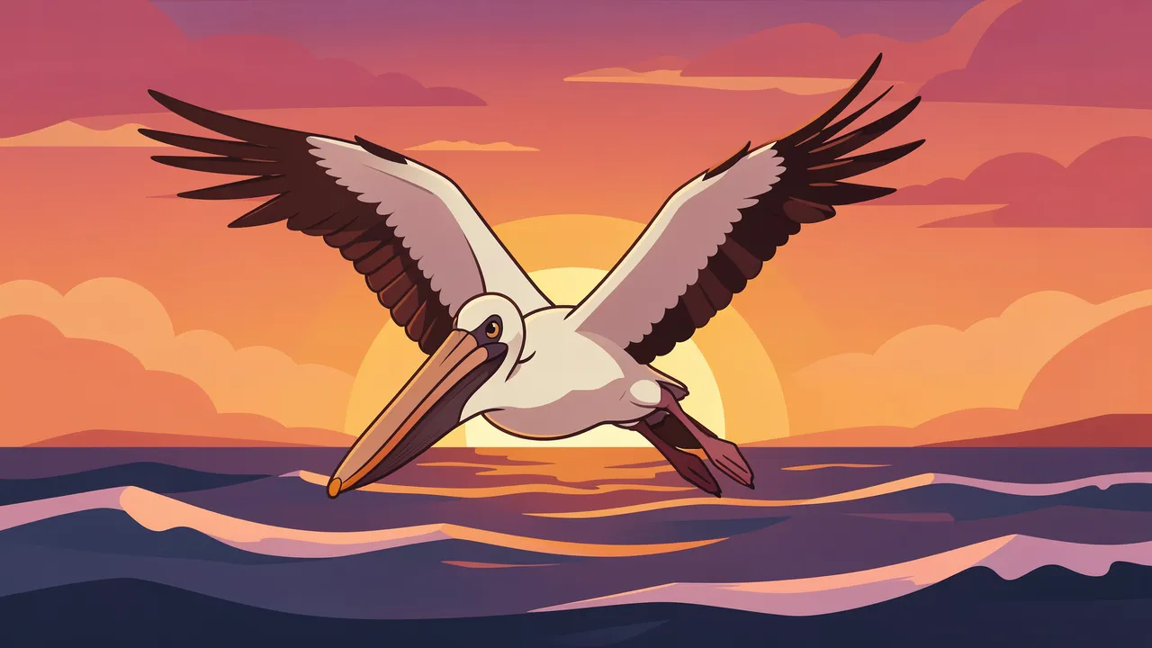 Flat vector illustration of a pelican gliding low over ocean waves against a colorful sunset sky.