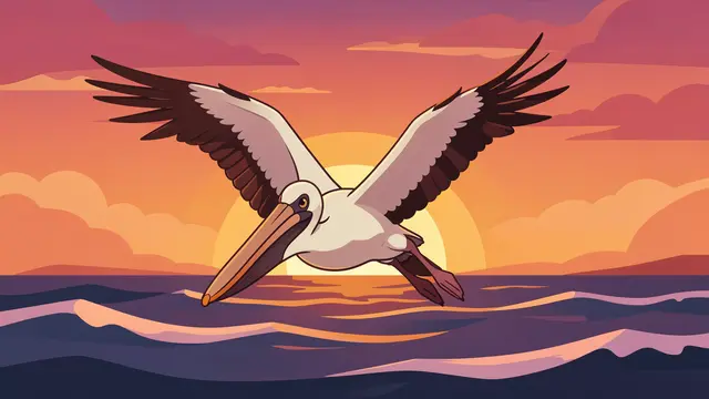 Flat vector illustration of a pelican gliding low over ocean waves against a colorful sunset sky.