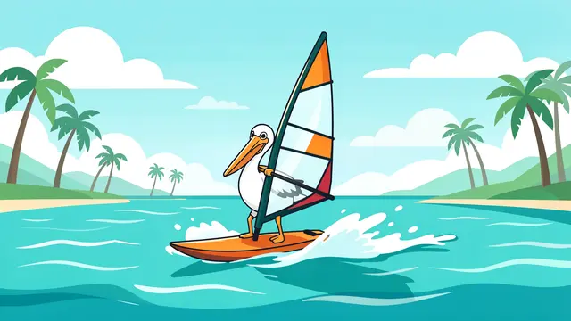 A cute cartoon pelican windsurfs across a bright turquoise tropical bay between palm-lined shores