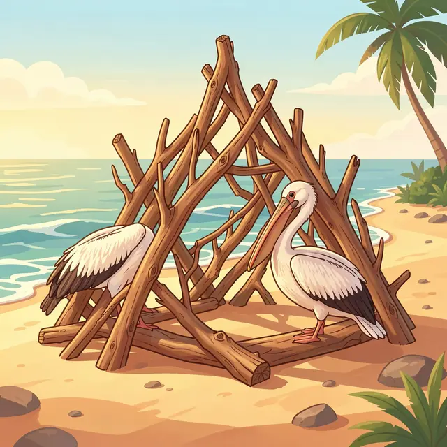 Two pelicans stand beside a driftwood fort on a sunny quiet beach with ocean waves and a palm tree