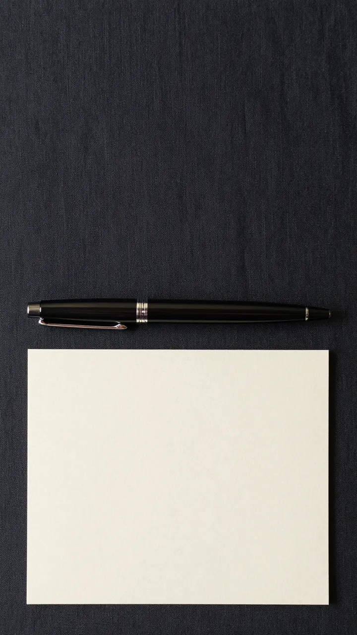 A black pen rests above a blank cream card on dark linen fabric with empty vertical space above.