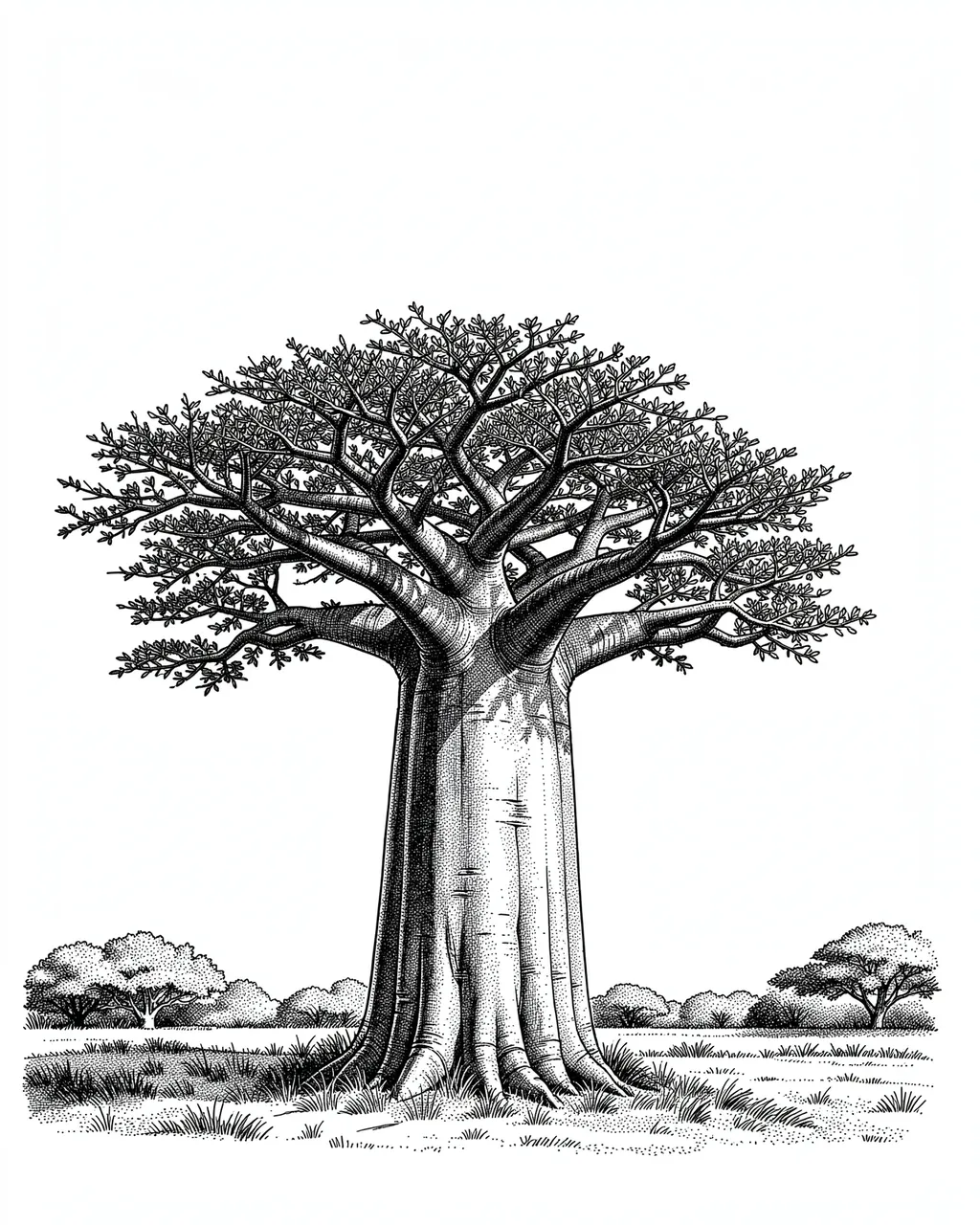 Detailed stippled pen and ink drawing of a large baobab tree under empty white sky