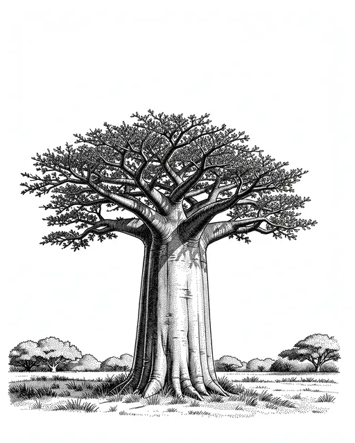 Detailed stippled pen and ink drawing of a large baobab tree under empty white sky