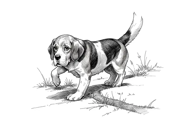 Cross-hatched pen and ink drawing of a beagle lifting a paw while following a scent trail on grassy ground
