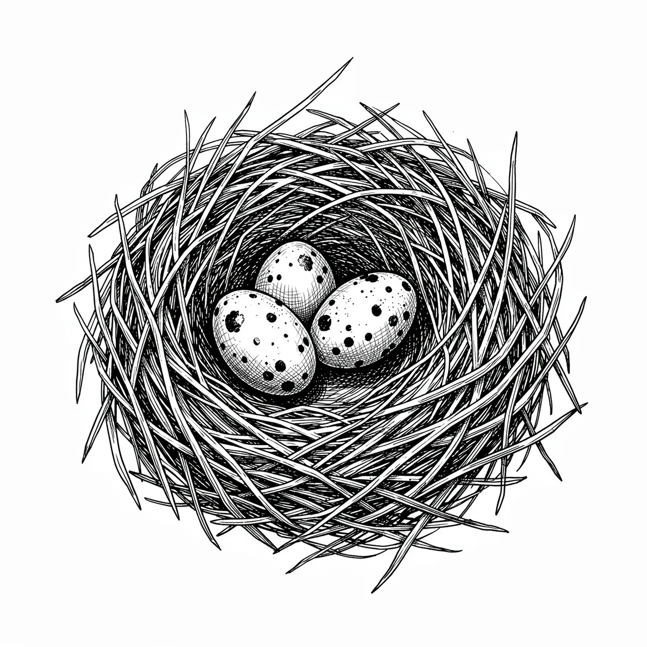 A detailed pen and ink cross-hatching drawing of a bird nest holding three speckled eggs on a white background.