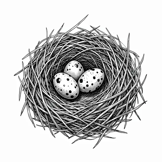 A detailed pen and ink cross-hatching drawing of a bird nest holding three speckled eggs on a white background.