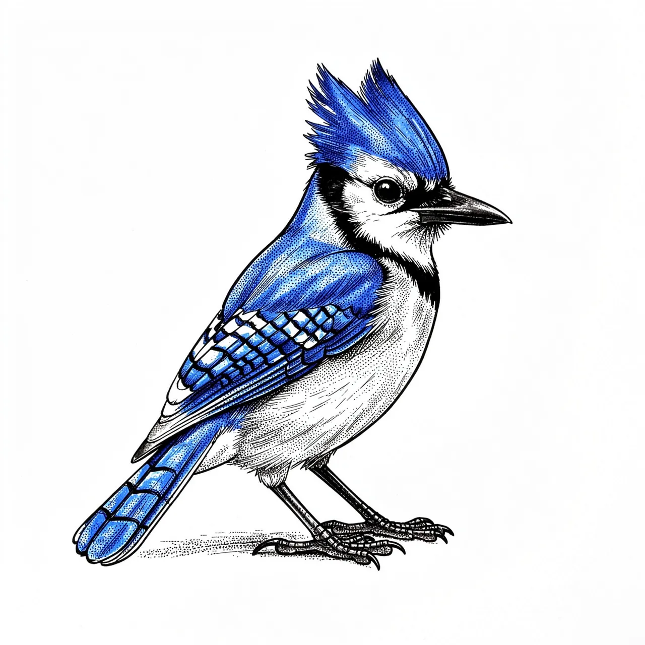 Detailed pen and ink stippled drawing of a crested blue jay on plain white paper.