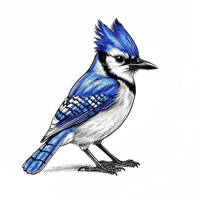 Detailed pen and ink stippled drawing of a crested blue jay on plain white paper.