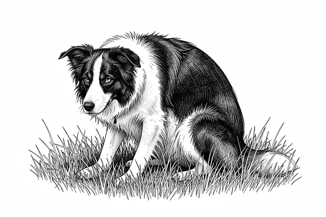 Stippled pen and ink drawing of a crouching black and white border collie in tall grass