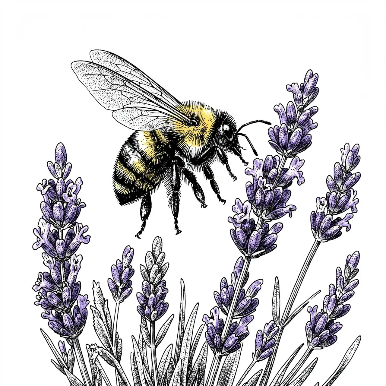 Stippled pen and ink illustration of a hovering bumblebee above purple lavender sprigs on a white background