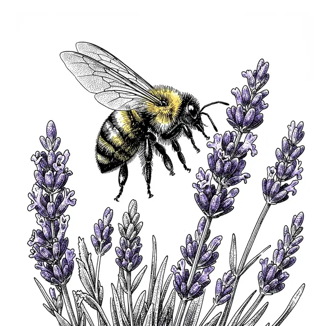 Stippled pen and ink illustration of a hovering bumblebee above purple lavender sprigs on a white background