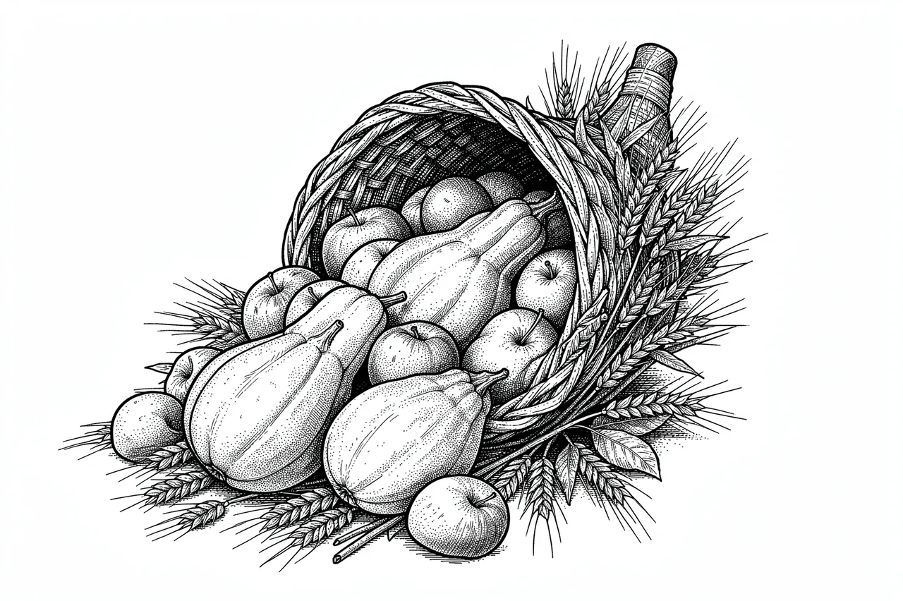 Pen and ink stippled drawing of a spilling cornucopia filled with gourds, apples, and wheat on a plain white background