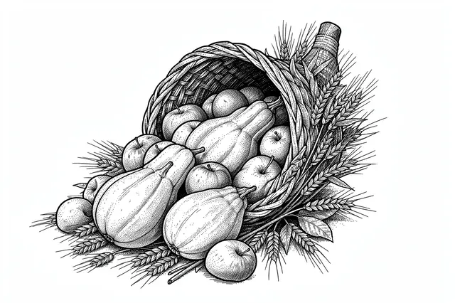 Pen and ink stippled drawing of a spilling cornucopia filled with gourds, apples, and wheat on a plain white background