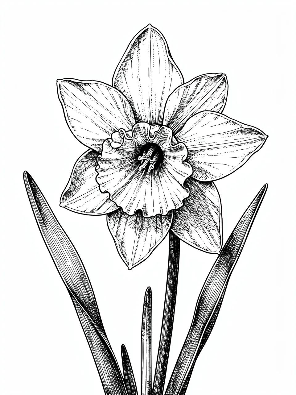 Detailed pen and ink stippled illustration of a ruffled daffodil flower on a plain white background