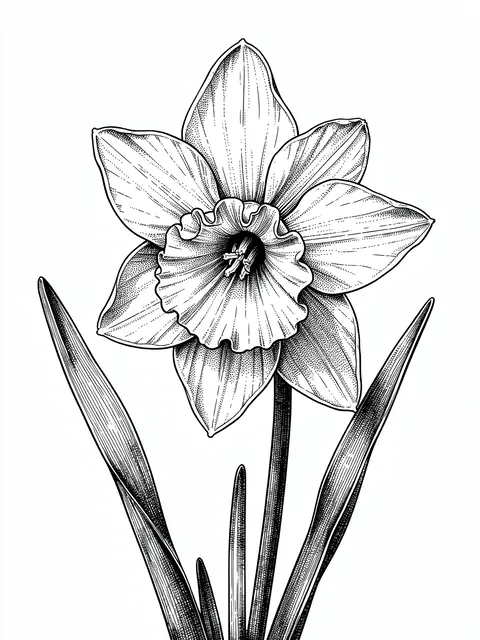 Detailed pen and ink stippled illustration of a ruffled daffodil flower on a plain white background